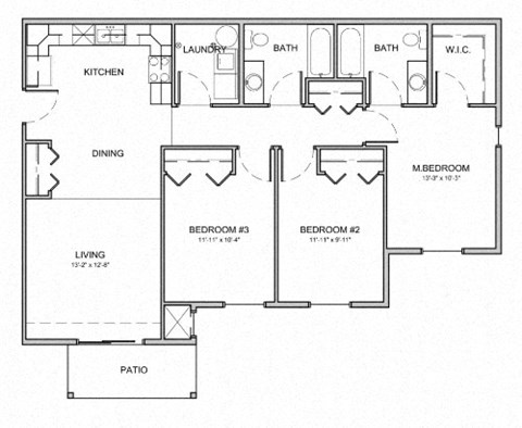 Floor plan for 3 beds, 2 baths, 1345 sqft